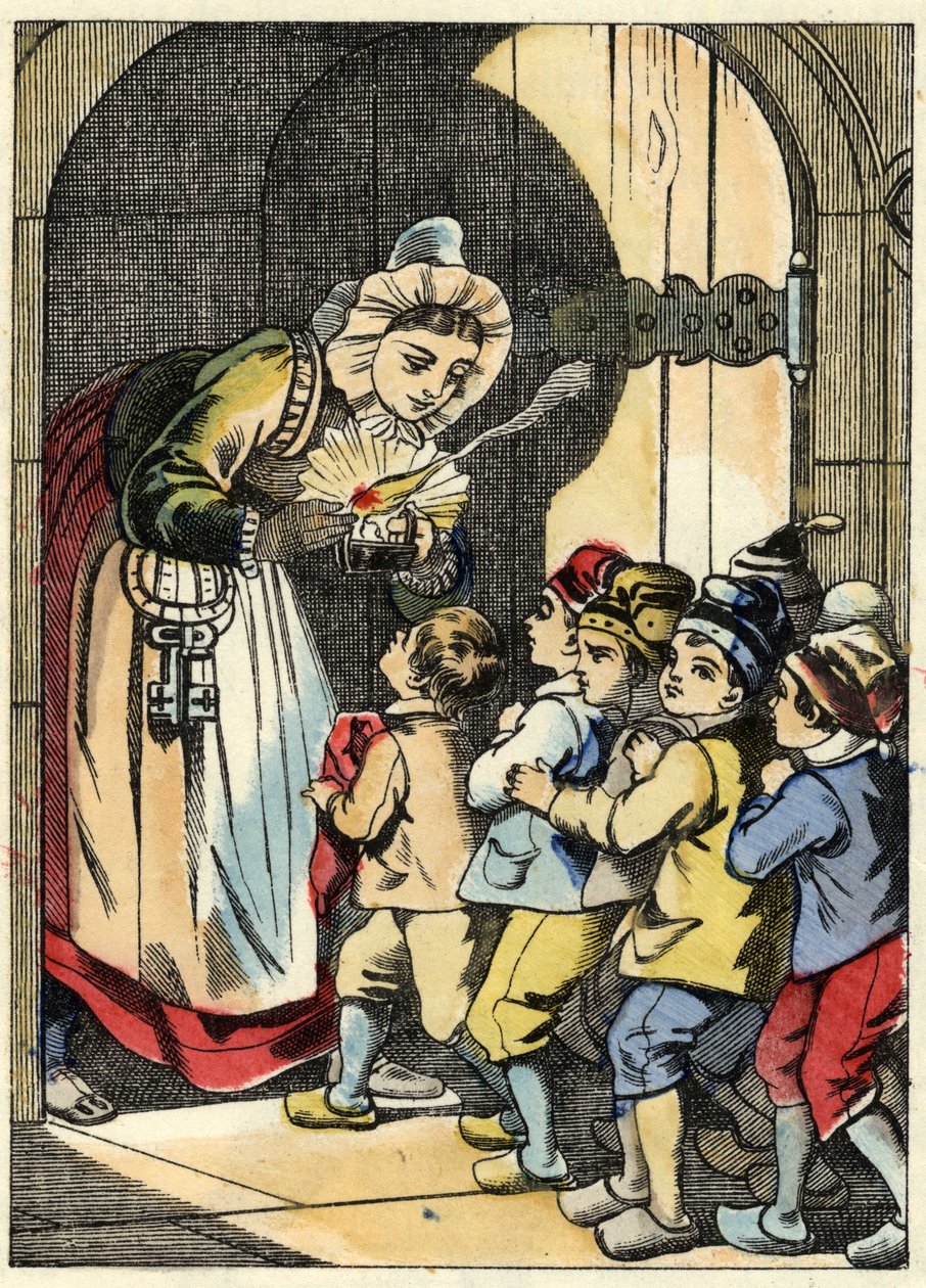 Troldens kone åbner døren til den Lille Poucet og hans brødre. Illustration af fortællingen "" Le Pepetit Poucet"" af Charles Perrault af Unknown artist