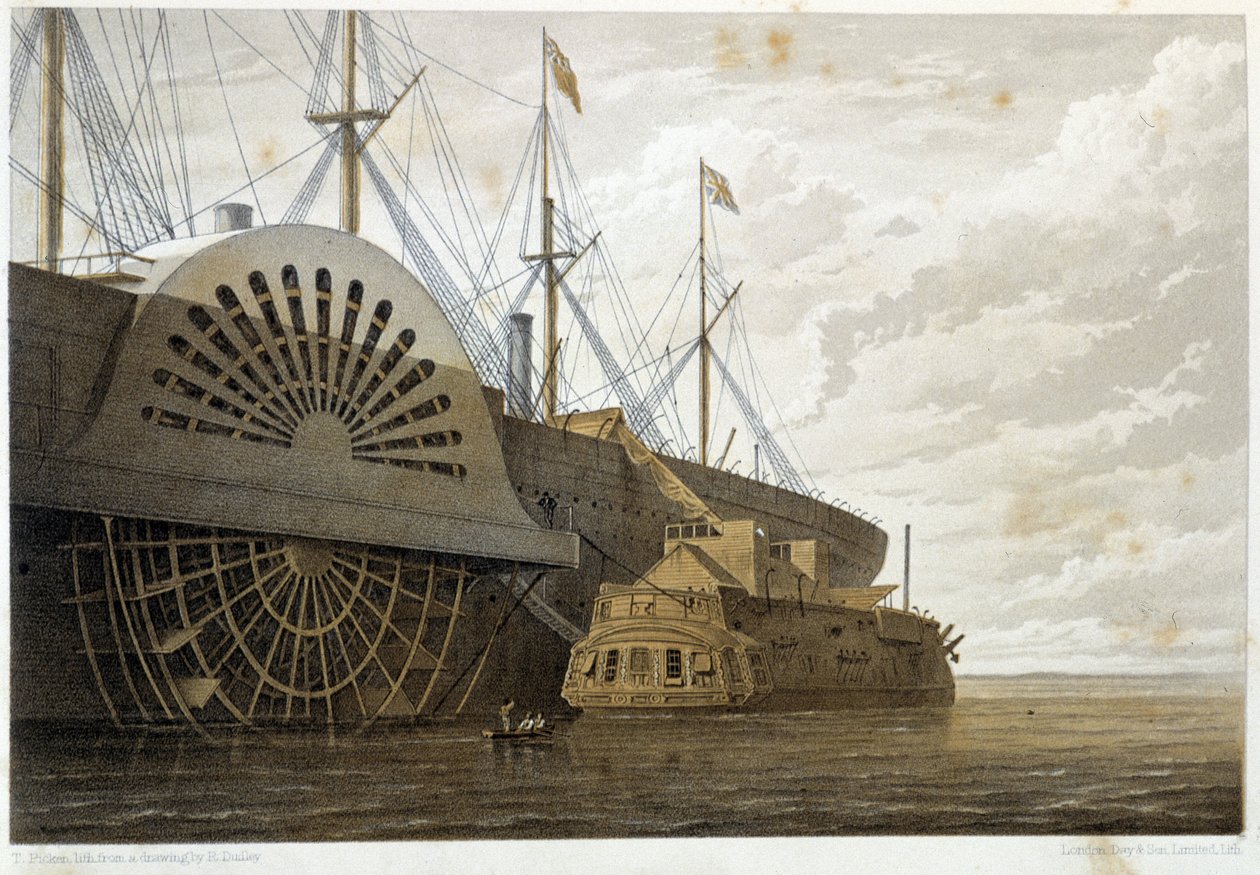 Den gamle fregat med sin kabelfragt langs "" GreatEastern"" ved Sheerness - i "" The Atlantic telegraph"" af W. H. Russel, ca. 1860 af Unknown artist