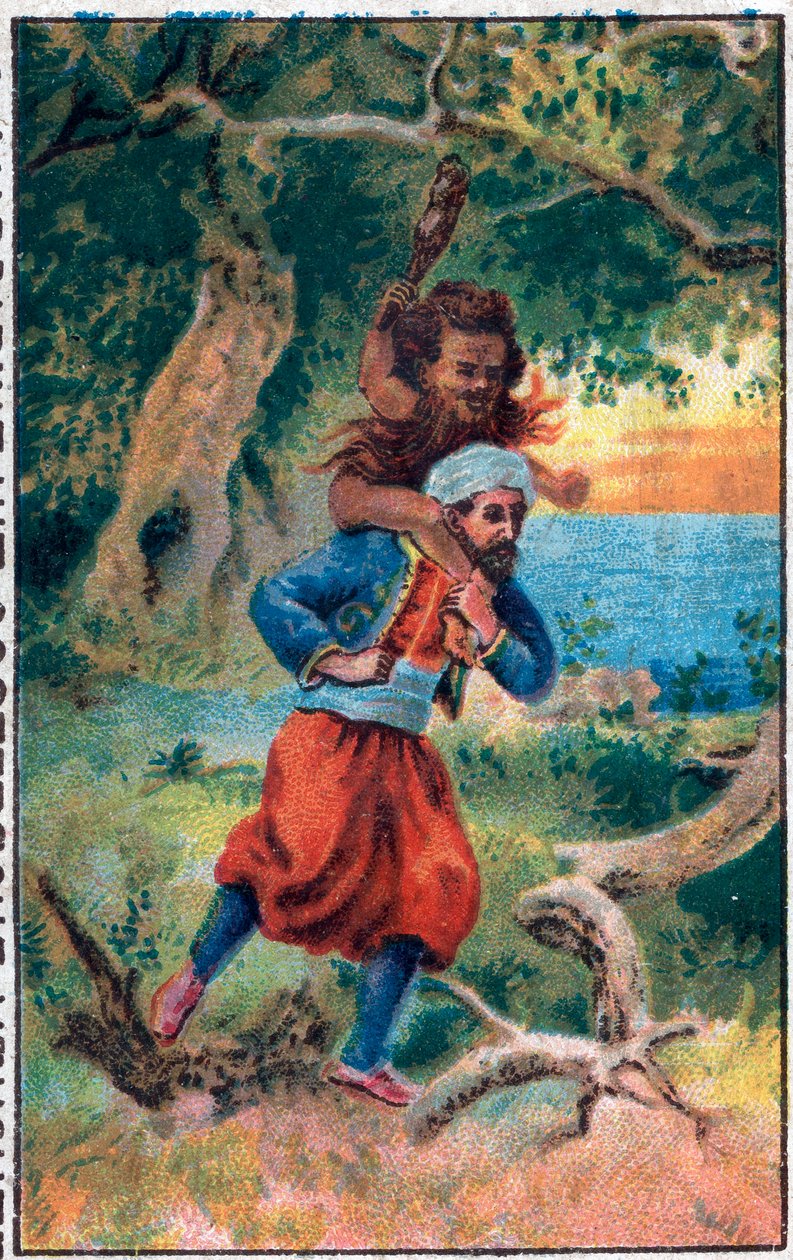 Havets gamle mand. Sømanden Sinbads (Sindbad) vidunderlige eventyr. Populær fortælling om 1001 nætter (et tusinde og en nat). Kromolitografi i slutningen af det 19. århundrede. af Unknown artist