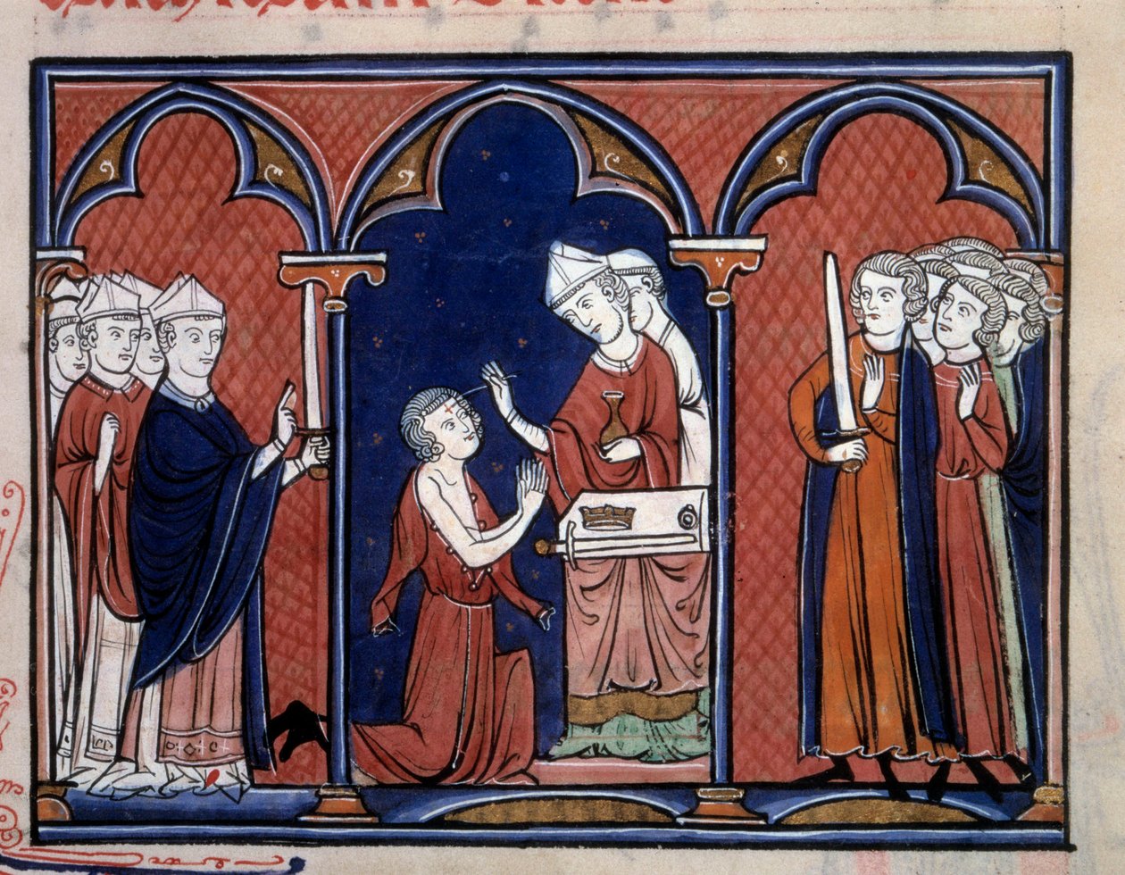 Ordo for den hellige repræsentation af ritualet om at salve kongen (sandsynligvis Ludvig IX (Saint Louis) (1214-1270)). Miniature taget fra "" Orden for indvielse og kroning af kongerne af Frankrig"" 1250 omkring Paris, B.N. af Unknown artist
