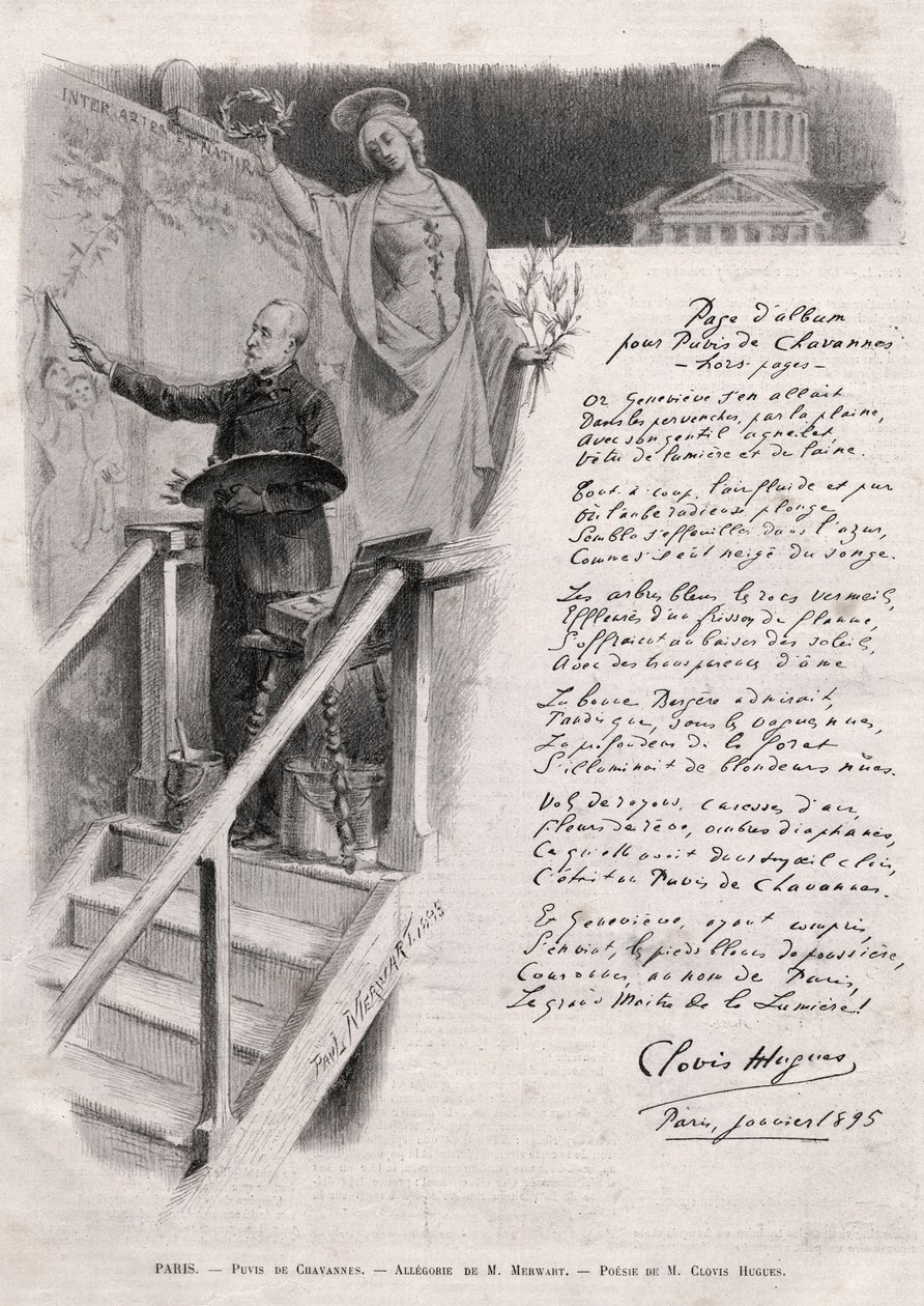Maleren Puvis de Chavannes (1824-1898) beskæftiger sig med maleri - allegori af M. Merwart med en poesi af Clovis Hugues af Unknown artist