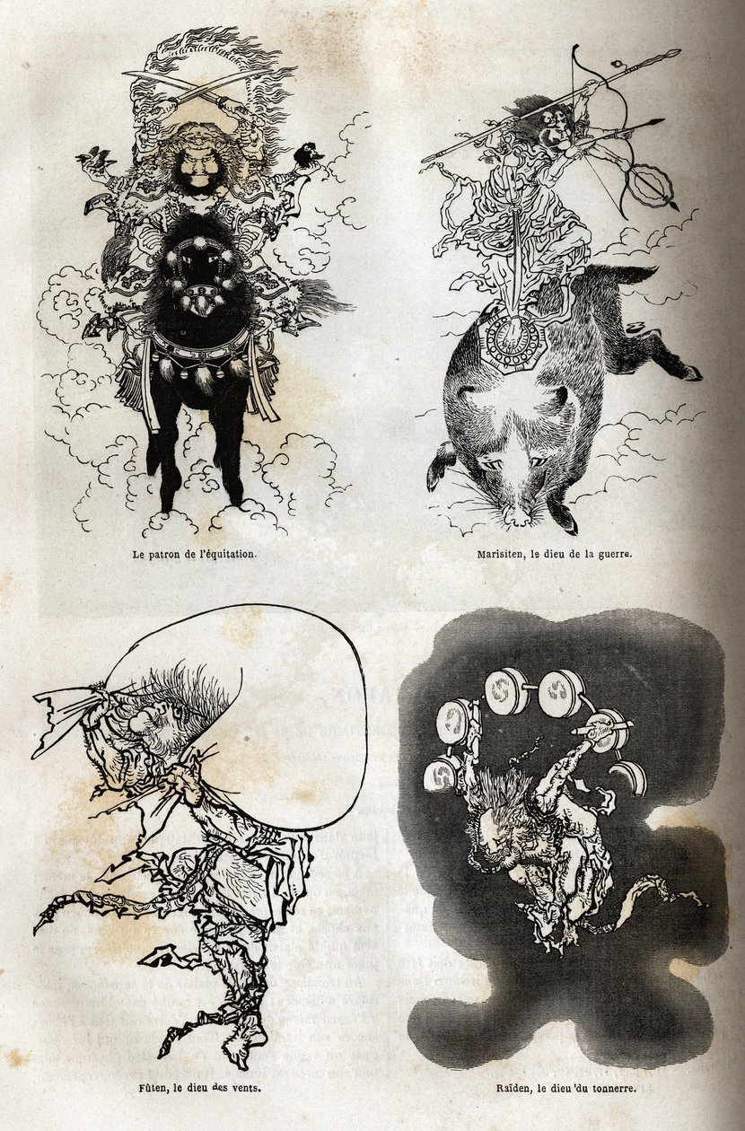 Pantheonet af japanske guddommelige: traditionel repræsentation af nogle typiske figurer: ridningens protektor; Marisiten, krigsguden; Futen, vindens gud; Raiden, tordenguden. Gravering til illustration af rejsen til Japan i 1863-1864, af af Unknown artist