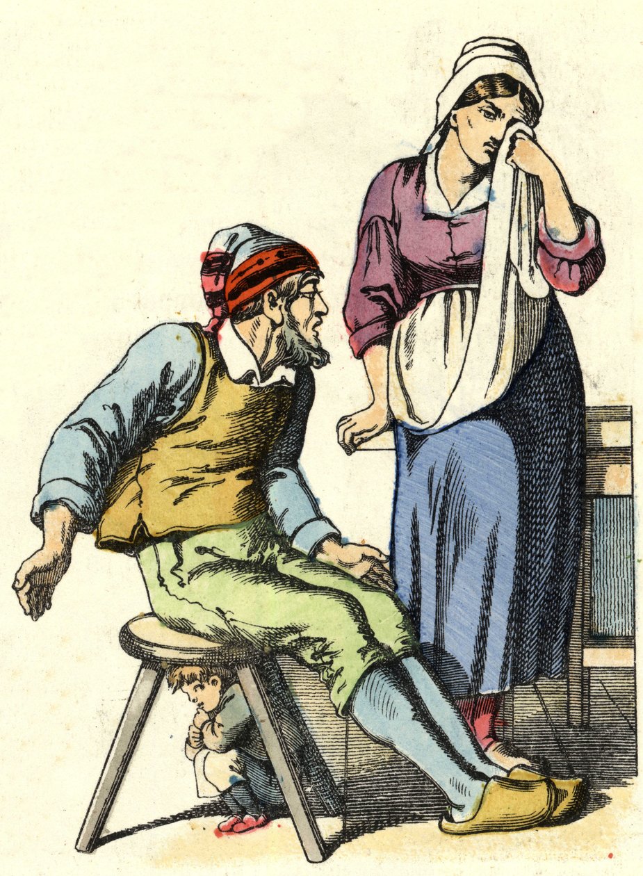 Forældrene til Little Poucet besluttede at forlade deres børn i skoven. Illustration af fortællingen "" Le Pepetit Poucet"" af Charles Perrault af Unknown artist