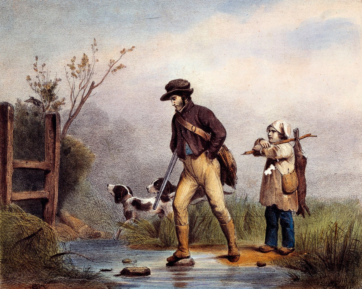 Passagen har jægere, der krydser et vandløb til fods. Litografi af det 19. århundredes Gien, jagtmuseum af Unknown artist