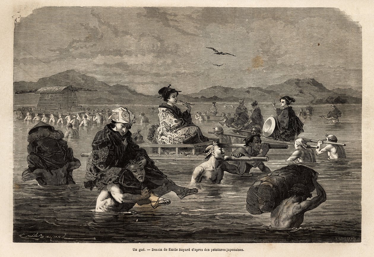 Passage af en gæst, med præsentation af måder at transportere passagerer og bagage på. Indgravering til illustration af rejsen til Japan i 1863-1864 af Aime Humbert, minister for Det Schweiziske Forbund, i "" Le tour du monde, nouveau journal des voyages" af Unknown artist