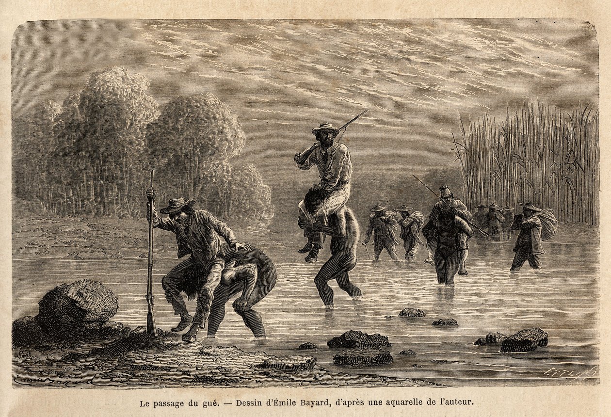 Gæerens passage, Siriniris-indianerne, foreslår spontant at videreføre ekspeditionens medlemmer for at få dem til at krydse damme dannet ved foden af Mount Basiri (Peru). Engravure pour illustrrer le voyage dans les vall af Unknown artist