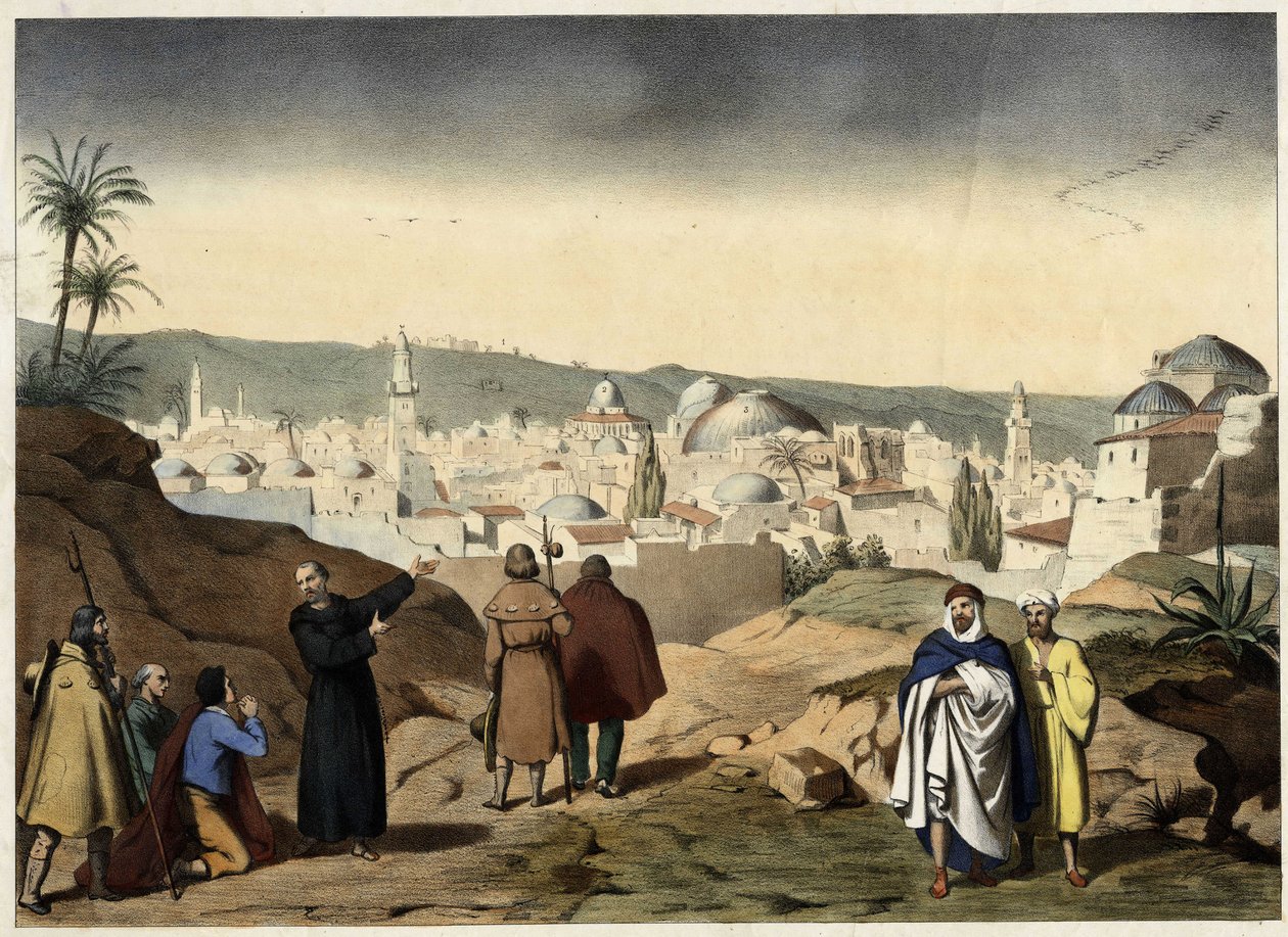 Pelerinerne ankommer til byen Jerusalem. Anonym gravering fra midten af det 19. århundrede - i "" Familiekatekismus". af Unknown artist