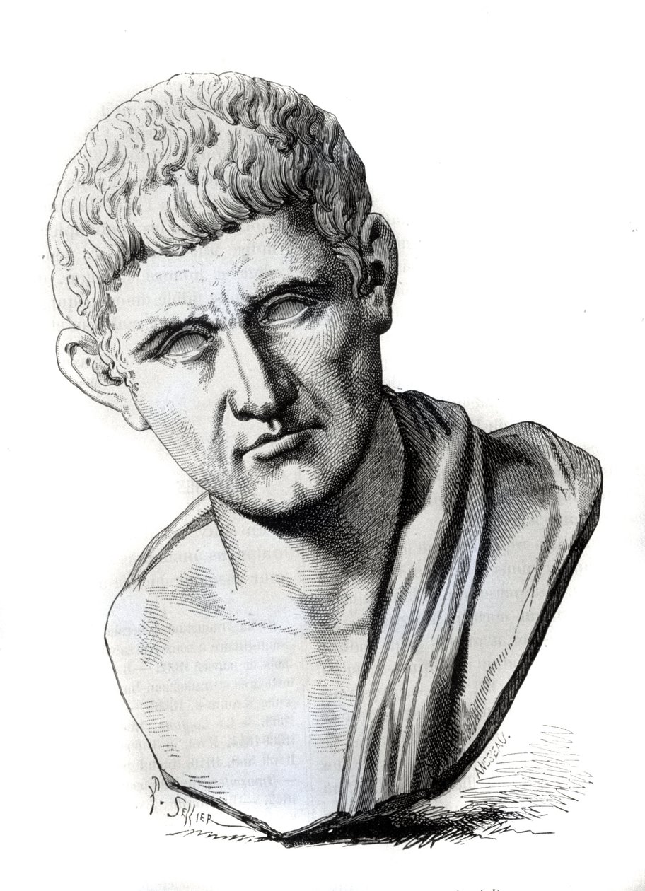 Filosoffen Aristoteles (384-322 f.Kr.) efter en skulptur af Palazzo Spada i Rom. Gravering 1800-tallet af Unknown artist