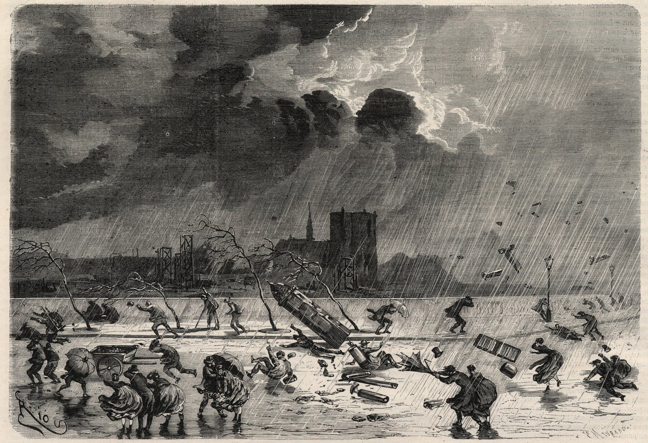 Molen på hjørnet af Saint Michel-broen (Saint-Michel) i Paris under orkanen den 8. marts. Indgravering i "The Universe illustrious" af Unknown artist