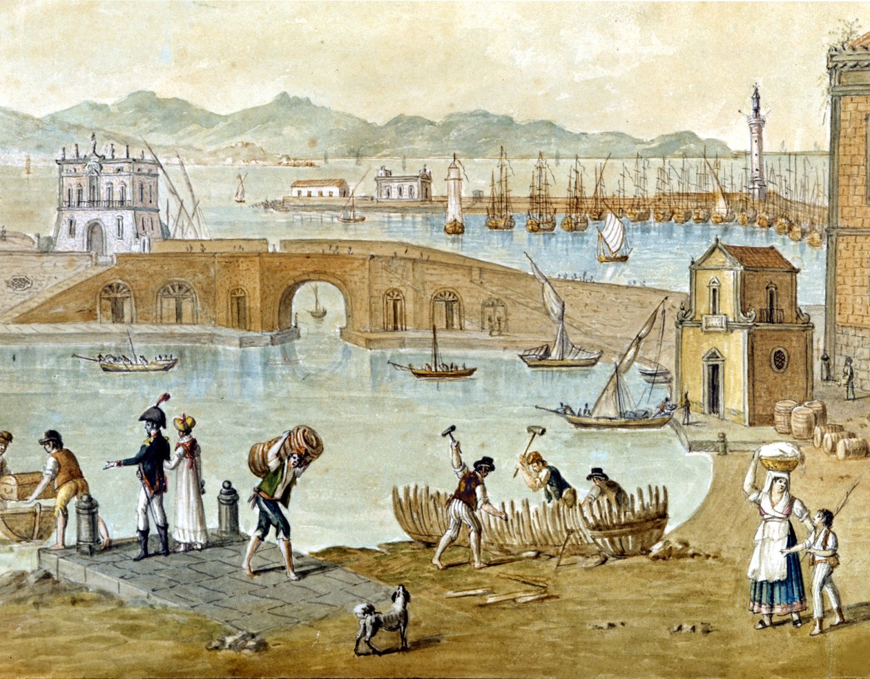 Havnen i Napoli og Santa Lucia omkring 1800: rejsende forbereder sig på at tage af sted, og tømrere bygger en båd. Akvarel. af Unknown artist