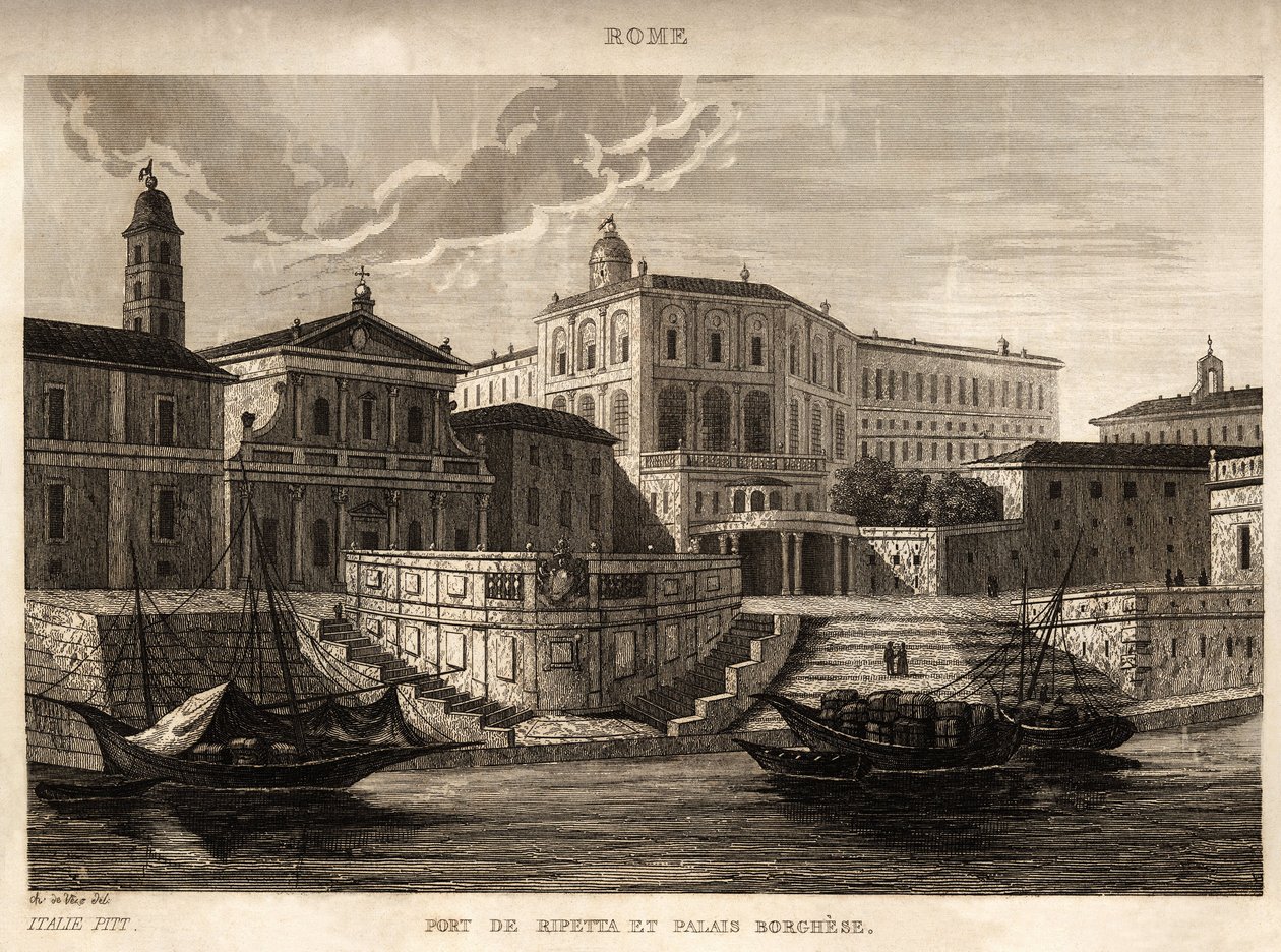 Havnen i Ripetta og Borghese-paladset i Rom, gravering af Ch. de Vene, i "" Picturesque Italy", Amable Coste-redaktør, Paris af Unknown artist
