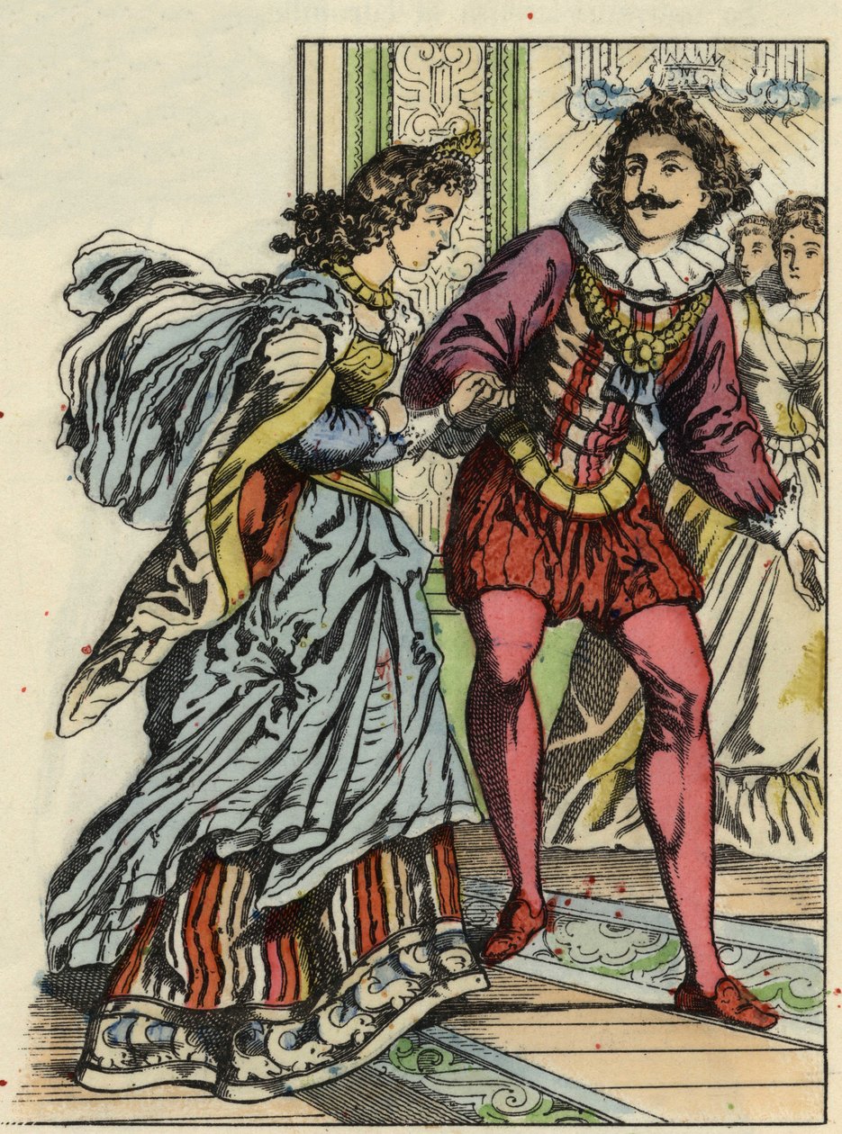 Prinsen inviterer Askepot til dans. Illustration af Charles Perraults fortælling "Askepot eller La petite slipper de verre" af Unknown artist
