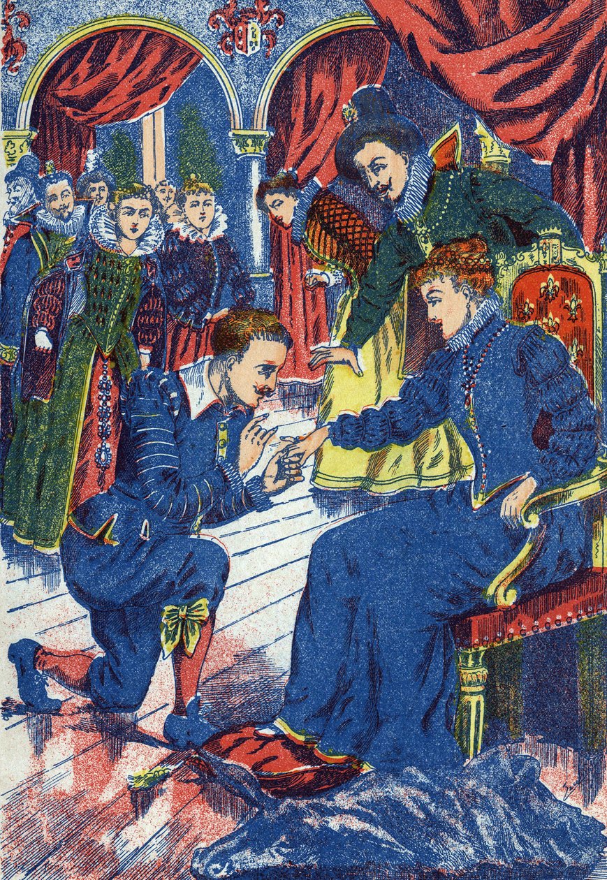 Prinsen prøver æselringen. Anonym illustration til "" Æselskind""-fortælling af Charles Perrault (1628-1703), fransk forfatter. Billedmateriale Marcel Vagne, Jarville Nancy, udateret (slutningen af det 19. århundrede). af Unknown artist