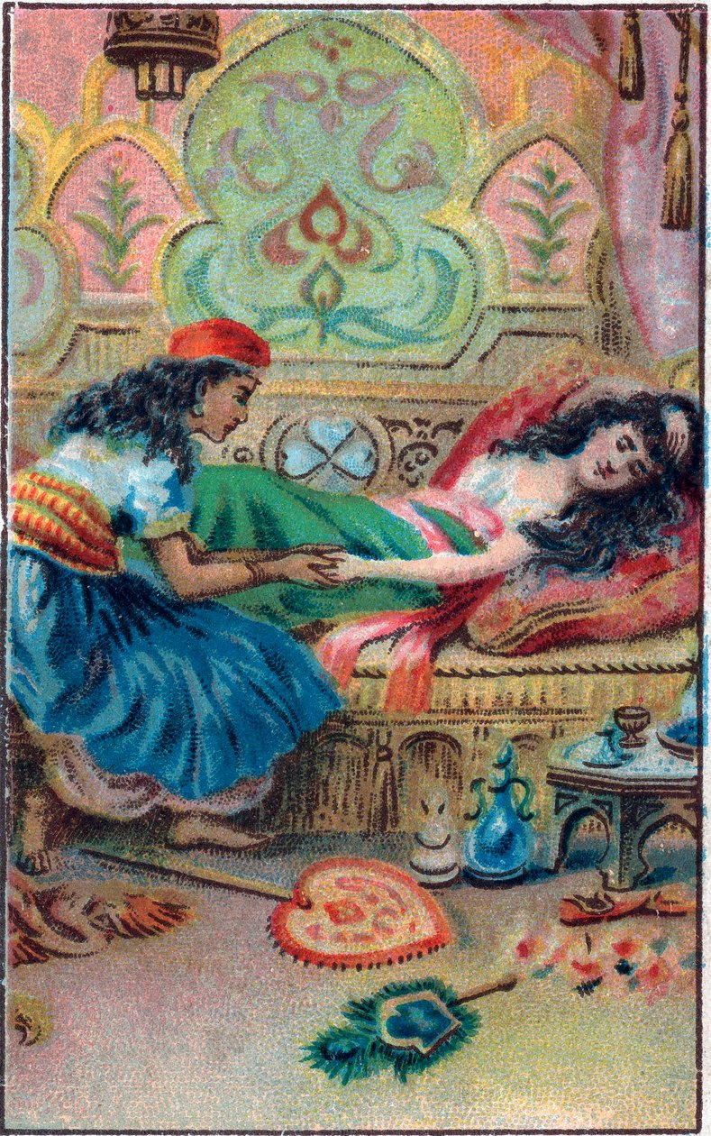 Prinsesse fakta. Fortælling "" Historien om den fortryllede hest"" i "De tusind og en nat" (de 1001 nætter eller Le mille e una notte, Arabian Nights). Kromolitografi i slutningen af ​​det 19. århundrede. af Unknown artist
