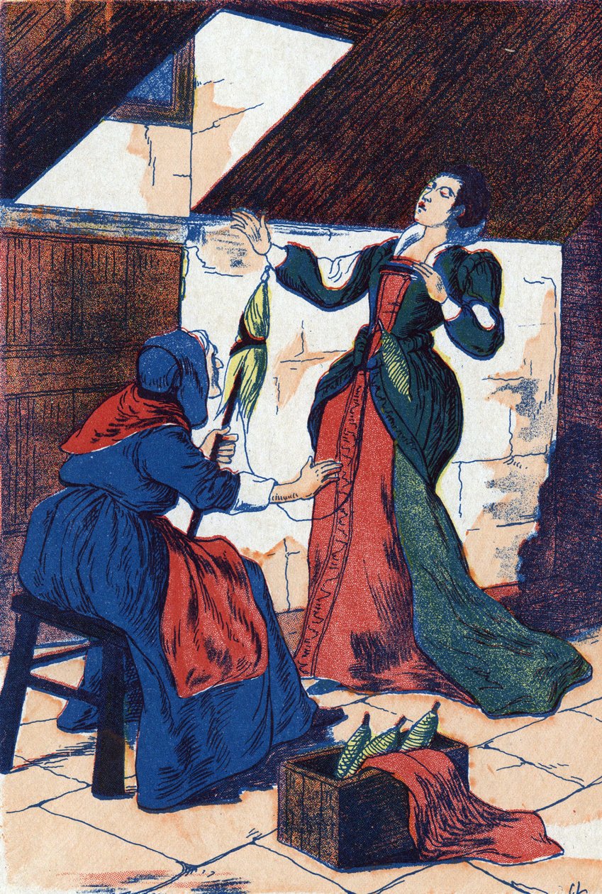Prinsessen gennemborer sin hånd og falder i søvn. Anonym illustration til "La belle au bois dormant", fortælling af Charles Perrault (1628-1703), fransk forfatter. Billedmateriale Marcel Vagne, Jarville Nancy, udateret (slutningen af det 19. århundrede). af Unknown artist