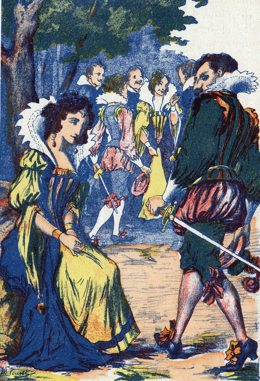 Prinsessens tåbelighed satte hoffolkene væk. Anonym illustration til "Riquet à la houppe", fortælling af Charles Perrault (1628-1703), fransk forfatter. Billedmateriale Marcel Vagne, Jarville Nancy, udateret (slutningen af det 19. århundrede). af Unknown artist