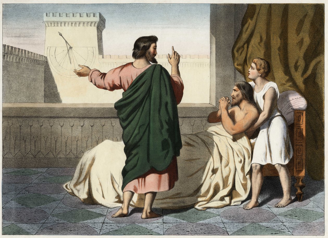 Profeten Esajas (eller Esajas) bebuder sin helbredelse til Ezekias: tegnet vil være at skubbe urets skygge ti grader tilbage på urskiven til Ahaz (Akas). Anonym stik fra midten af 1800-tallet. af Unknown artist