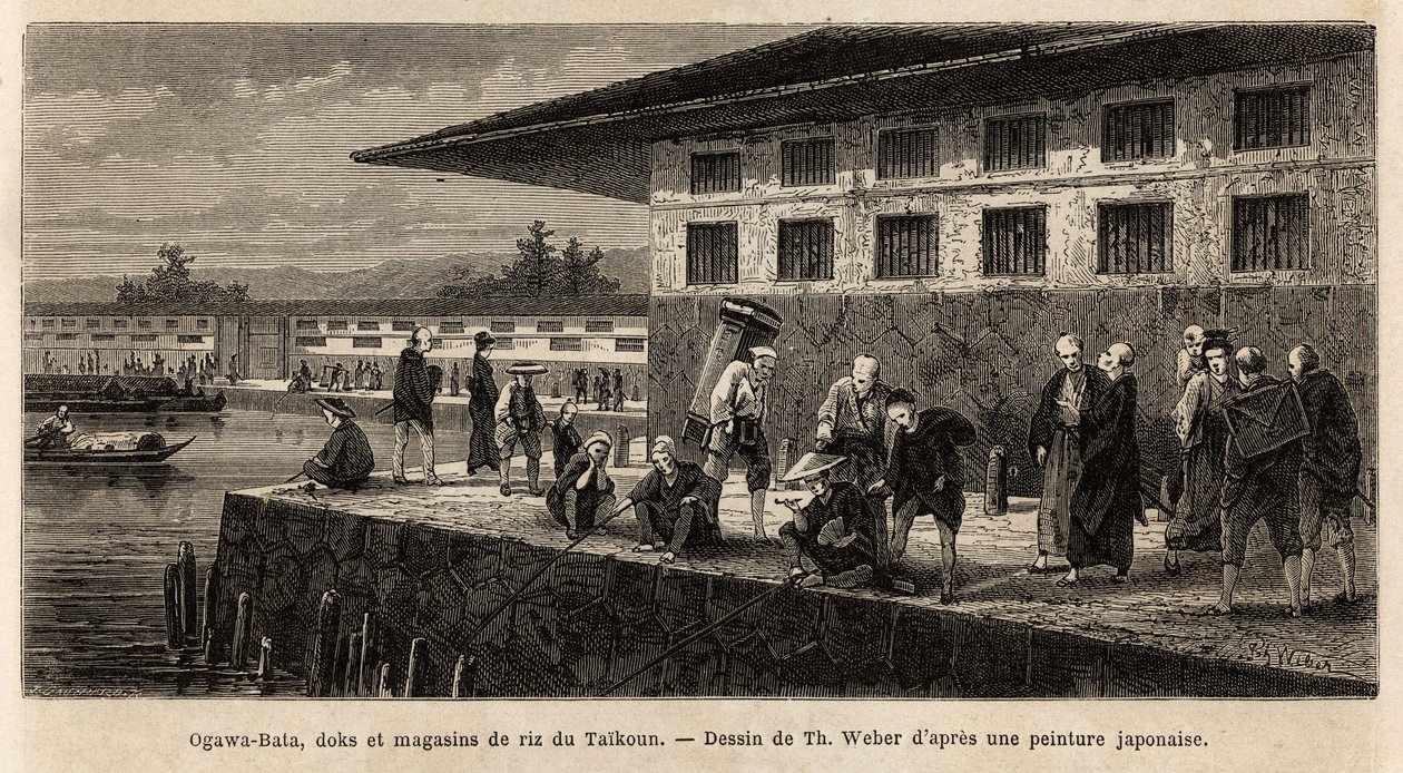 Kajen og lagrene af risbutikker i Taikoun (tidlige suveræne af Japan), ved Ogawa-floden (som krydser Edo, det nuværende Tokyo). Gravering til illustration af rejsen til Japan af Aime Humbert, minister for Det Schweiziske Forbund, i 1863-1864, udgiver af Unknown artist