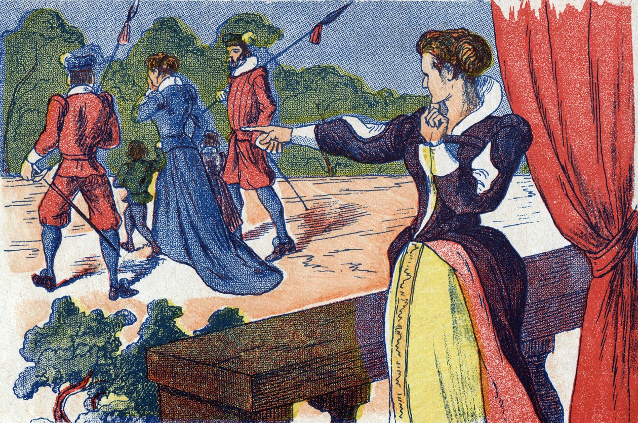 Dronningemoderen har dronningen og hendes børn indespærret. Anonym illustration til "La belle au bois dormant", fortælling af Charles Perrault (1628-1703), fransk forfatter. Billedmateriale Marcel Vagne, Jarville Nancy, udateret (slutningen af det 19. århu af Unknown artist