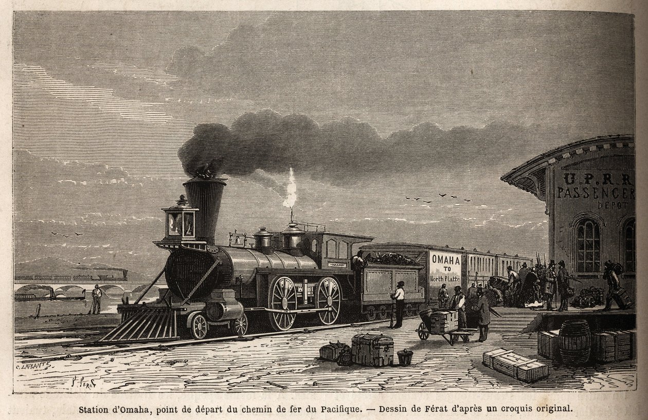 Jernbanen har Omaha Station (Nebraska), startpunktet for linjerne, der fører til Stillehavet. Engravure pour illustration le voyage au far west americain, af M. L. Simonin, i 1867, udgivet i "Le tour du monde, nouveau journal des voyages"", redigeret af Unknown artist