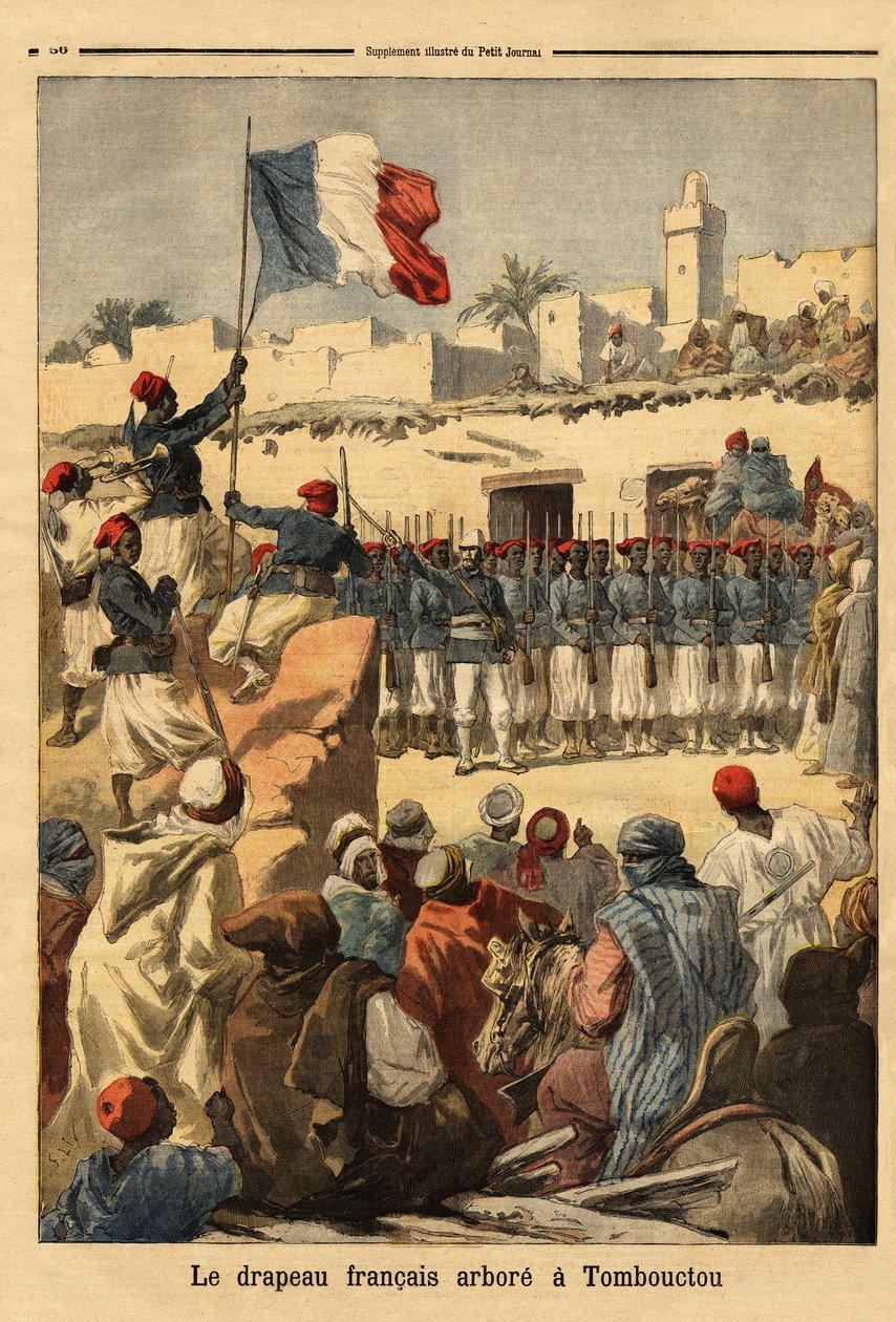Oberstløjtnant Francois Xavier Bonnier (1857-1944) hejser det franske flag i Timbuktu (Mali) under den franske erobring af det franske Sudan (faktisk Mali) - Det franske flag vises i Timbuktu (placeret ved Niger-floden, Mali) ) af co af Unknown artist