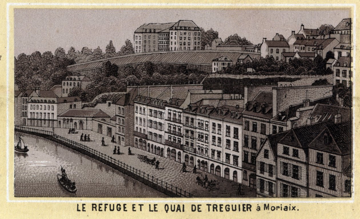Tilflugtsstedet og kajen i Treguier i Morlaix (Finistere, Bretagne-regionen). Kromolitografi i slutningen af det 19. århundrede. af Unknown artist