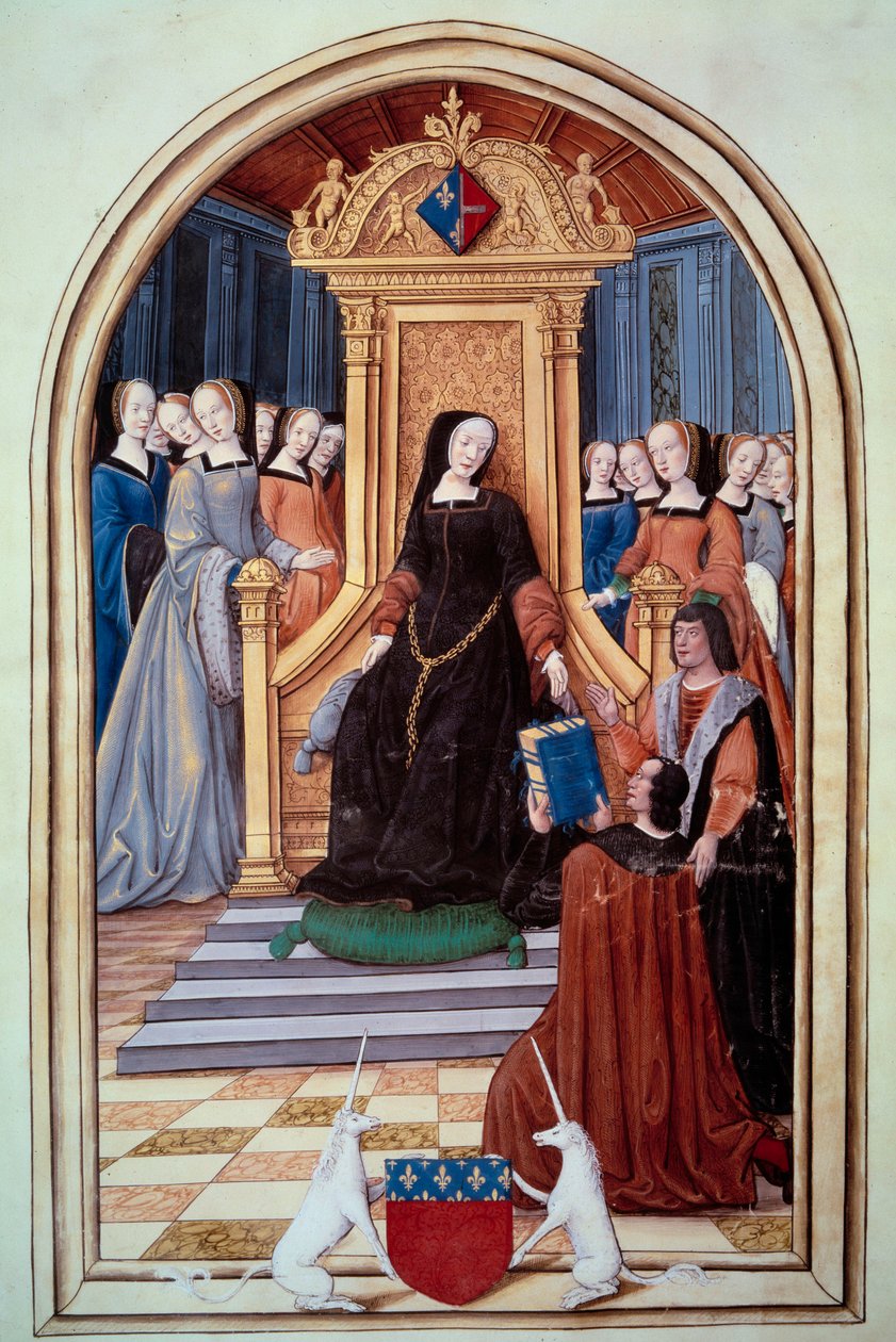 Den franske regente Louise de Savoie (1476-1531) modtog bogen med to echeviner fra byen Amiens. I forgrunden Amiens våben. Kongelige malerier og sange af Puy Jam Notre Dame d