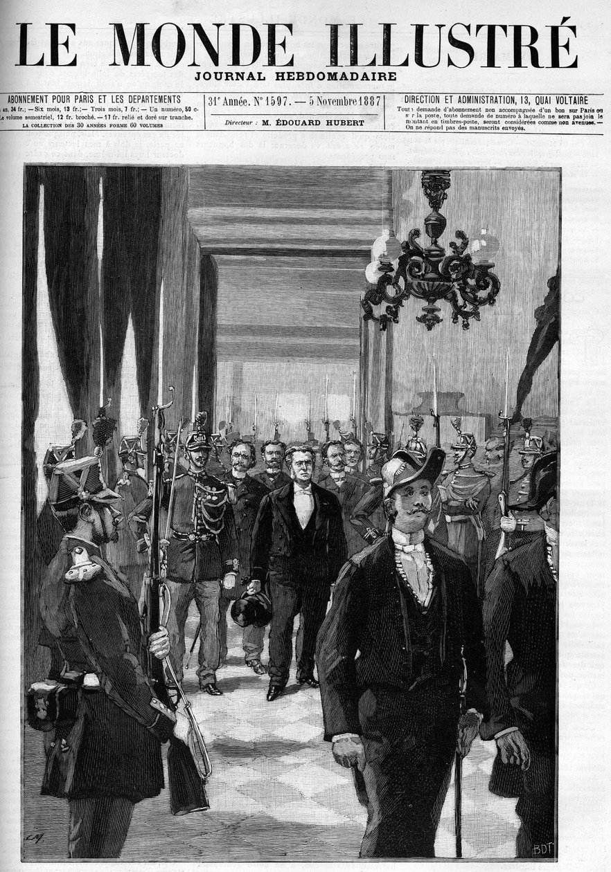 De lejede værelser i 1887 med præsident Charles Floquet i spidsen (1828-1896). Cover af ""The Illustrious World"" fra 1887. af Unknown artist
