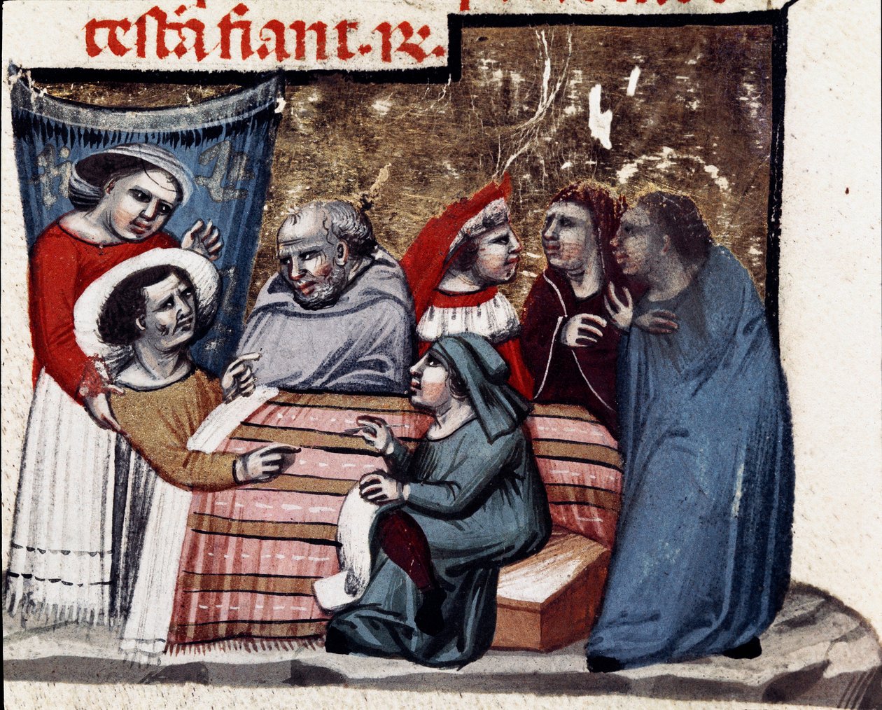 Gentagelsen af testamentet ved sengen af den syge Miniature fra Justinian Code (Codex Justinianus), en samling af love og institutioner udgivet under den romerske kejser Justinian I af Byzans (483-565) af Unknown artist