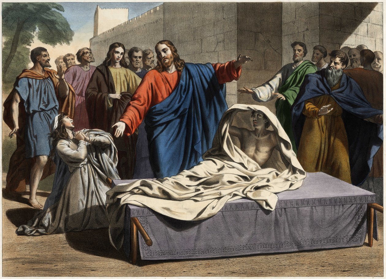 Opstandelsen af enkens søn fra Naim: Jesus Kristus genopstår enkens eneste søn. Stik fra midten af 1800-tallet. af Unknown artist