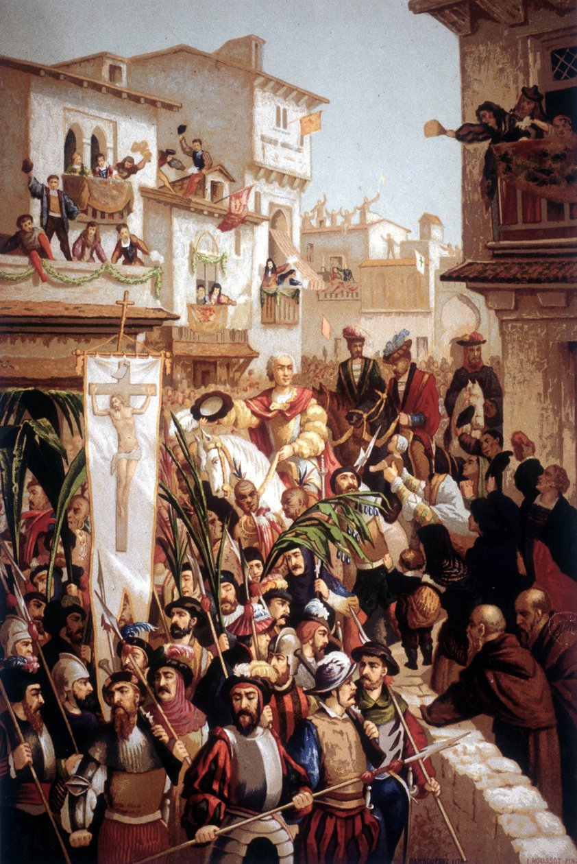 Christopher Columbus (1451-1506), navigatør af italiensk oprindelse, vender tilbage til Spanien i 1493. af Unknown artist