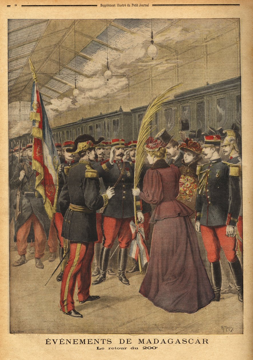Tilbagekomsten af oberst Brice Bizots 200. regiment (1848-1929) til Port Vendor, hvor damerne i Perpignan gav dem en trefarvet palme for at fejre deres heltemod. Indgravering i "" Le petit journal"" 5/01/1896. Selvas samling. af Unknown artist