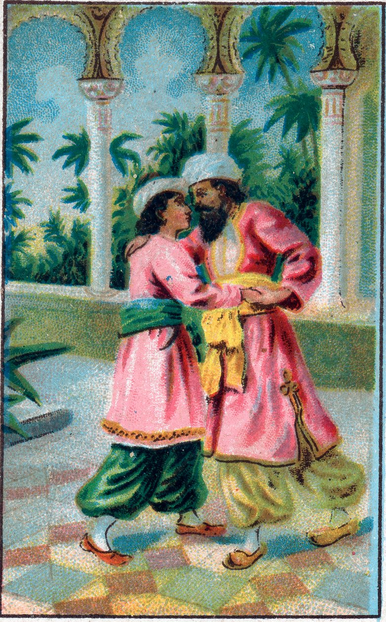 Prinsens tilbagevenden. Fortælling "" Historien om den fortryllede hest""" i "" De tusind og en nat""" (de 1001 nætter eller Le mille e una notte, Arabian Nights). Kromolitografi i slutningen af ​​det 19. århundrede. af Unknown artist