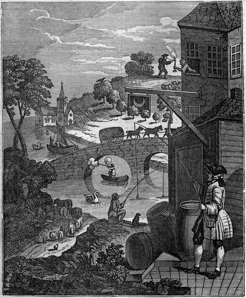 Det latterlige perspektiv Satirisk illustration af William Hogarth (1697-1764), der håner kunsten at malere perspektiv ved at foreslå, at objekters og personers planniveauer er umulige i virkeligheden på grund af afstande. af Unknown artist