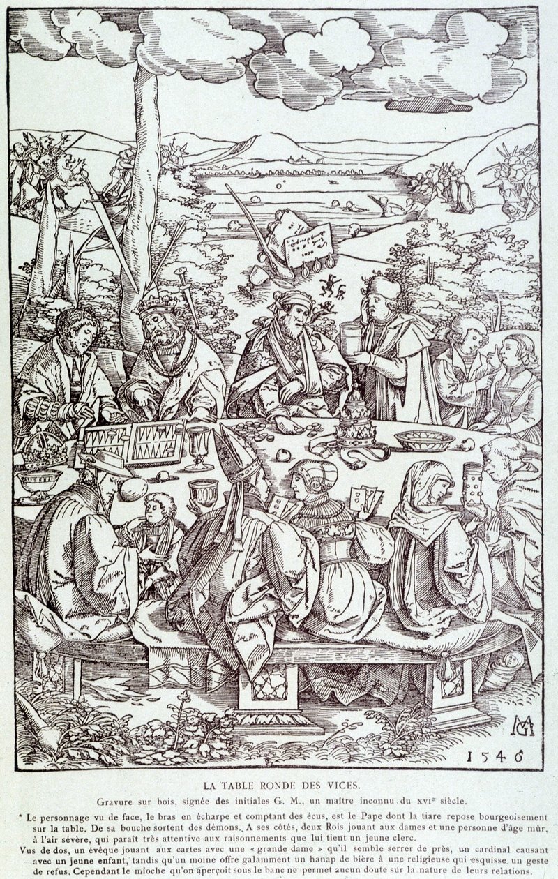 Lasternes runde bord: leg, grådighed, begær, stolthed... - Gravering 1546 af Unknown artist