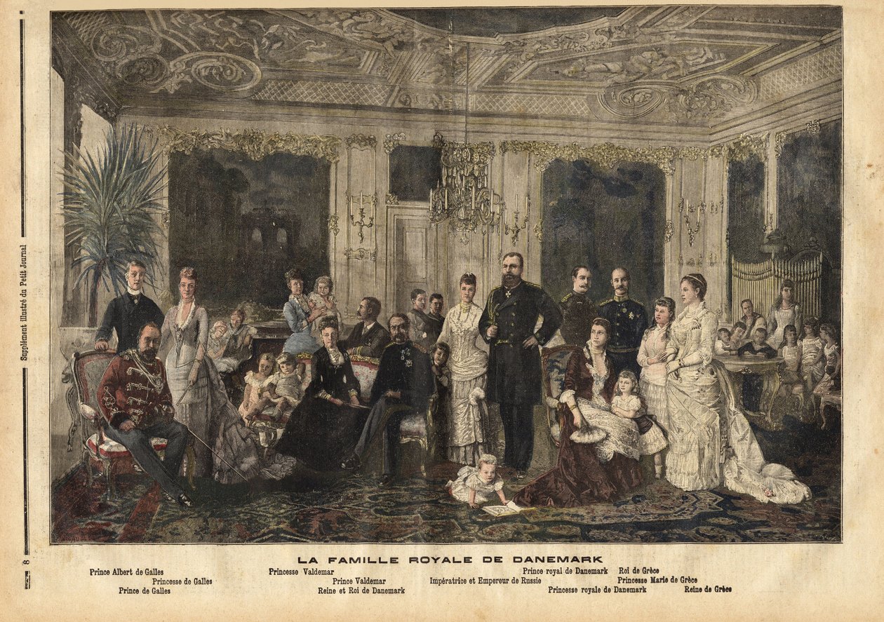 Kongefamilien i Danmark, der sidder i centrum, Dronning Louise af Hessen-Kassel (1817-1898) og Kong Christian IX af Danmark (1818-1906) fik tilnavnet "Europas smukke fader", fordi han giftede flere af sine børn med arvinger af den store kongelige f af Unknown artist