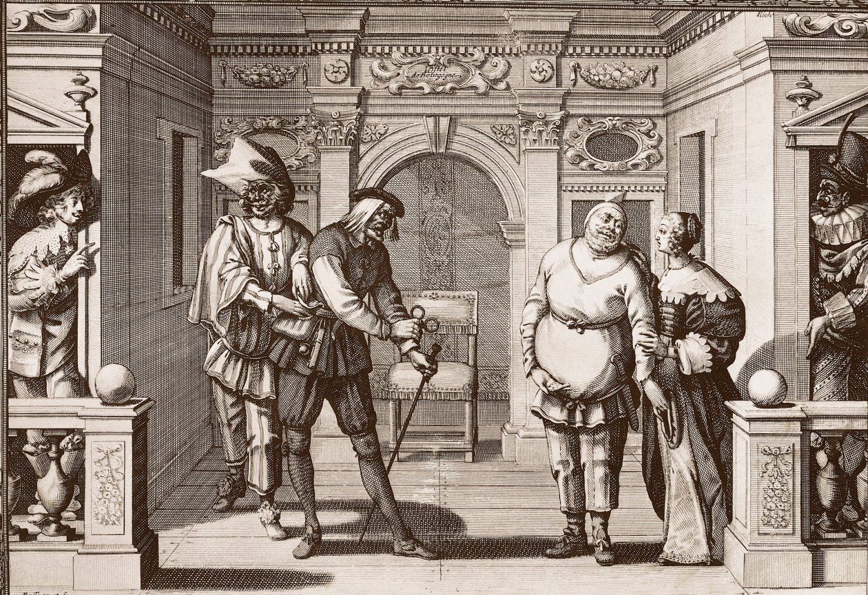Den kongelige trup af den italienske komedie i teatret på Hotel de Bourgogne, rue Mauconseil i Paris af Unknown artist