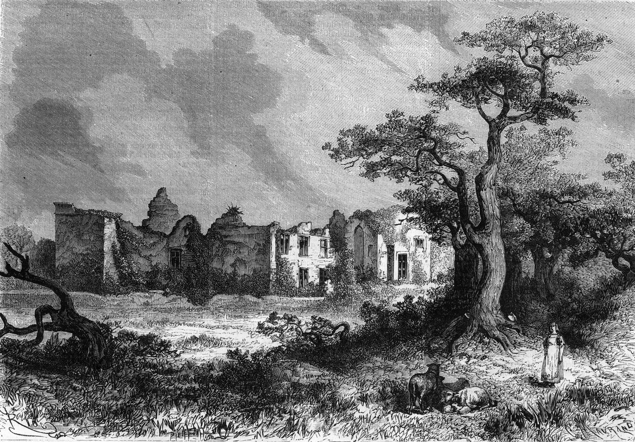 Ruinerne af Chateau de la Mailleraye nær Parthenay, afdeling af Deux-Sevres (Deux Sevres) i Poitou-Charentes-regionen (Poitou Charentes). Indgravering i ""The Illustrious Universe"" af Unknown artist