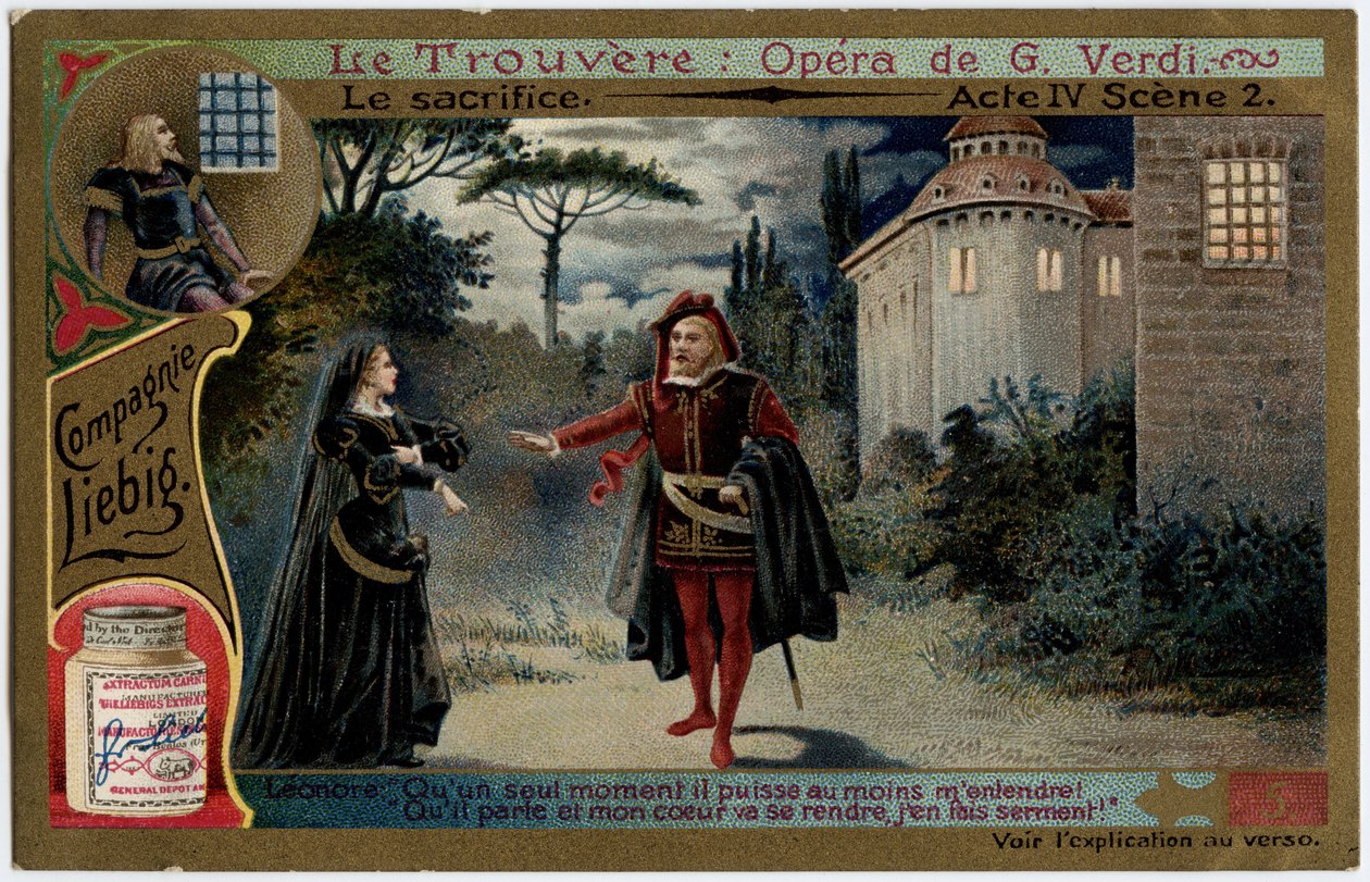 Offerhandling IV scene 2. Illustration til operaen "" Fundet"" (Il trovatore) af Giuseppe Verdi (1813-1901). Kromolitografi (Chromo) Liebig fra slutningen af 1800-tallet. af Unknown artist