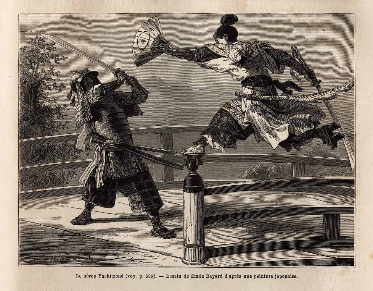 Samuraien Yashitsune i balance på barrieren af en bro, angriber en samurai i rustning. Indgravering til illustration af rejsen til Japan i 1863-1864 af Aime Humbert, minister for Det Schweiziske Forbund, i "" Le tour du monde, nouveau journal des voyages" af Unknown artist