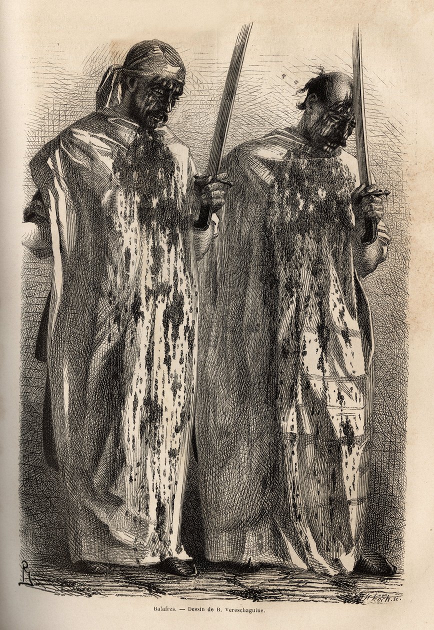Arrene, muslimer i procession under mindefesten for Hosseins martyrium, slog deres hoved med et sværd, hver af dem dækket med et hvidt lagen, for at opsamle blodet, der strømmede fra deres sår. Gravering for at illustrere rejsen i pro af Unknown artist