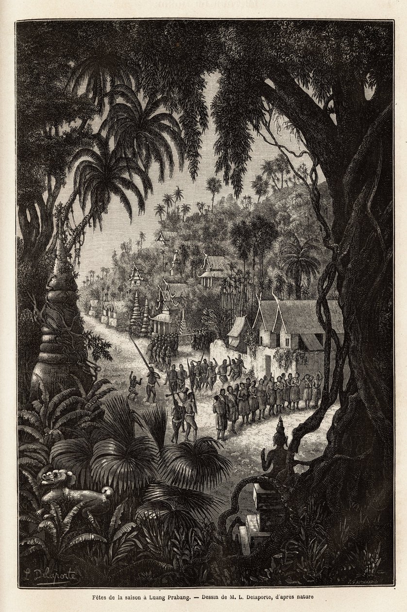 Sæsonens fejringer i Luang Prabang, den kongelige hovedstad i Lan Xang (de millioner elefanters rige) (det nuværende Laos), bestående af en procession af indbyggerne og en pagode for tilbedelse i hele byen. Gravering for at illustrere en opdagelsesrejse af Unknown artist