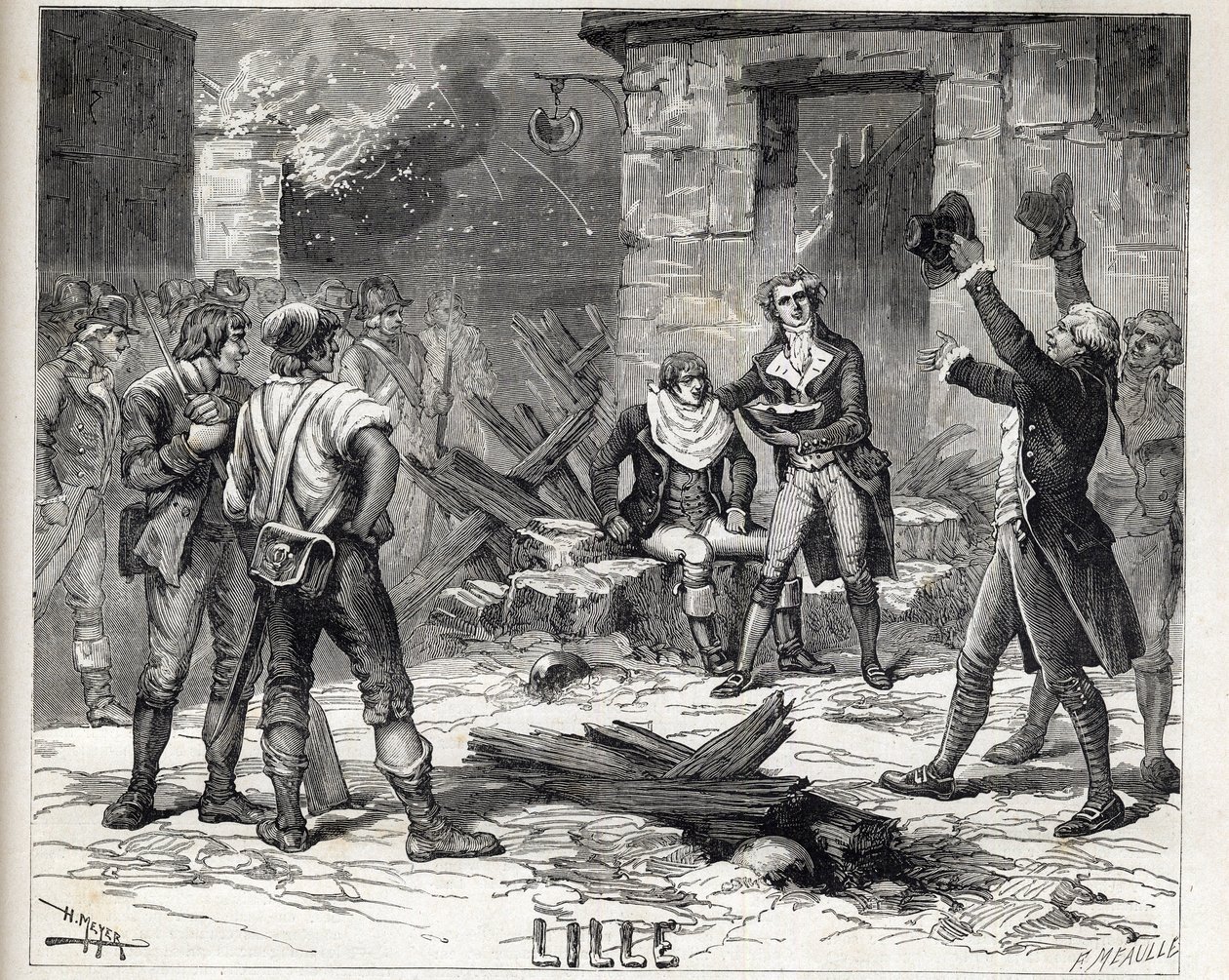 Barberingsfadet i Lille. En episode fra belejringen af Lille i 1792 under de franske uafhængighedskrige - Siege de Lille i 1792: Maes-parykken bruger en bombesprængning som skægfad til at barbere en klient - af Unknown artist