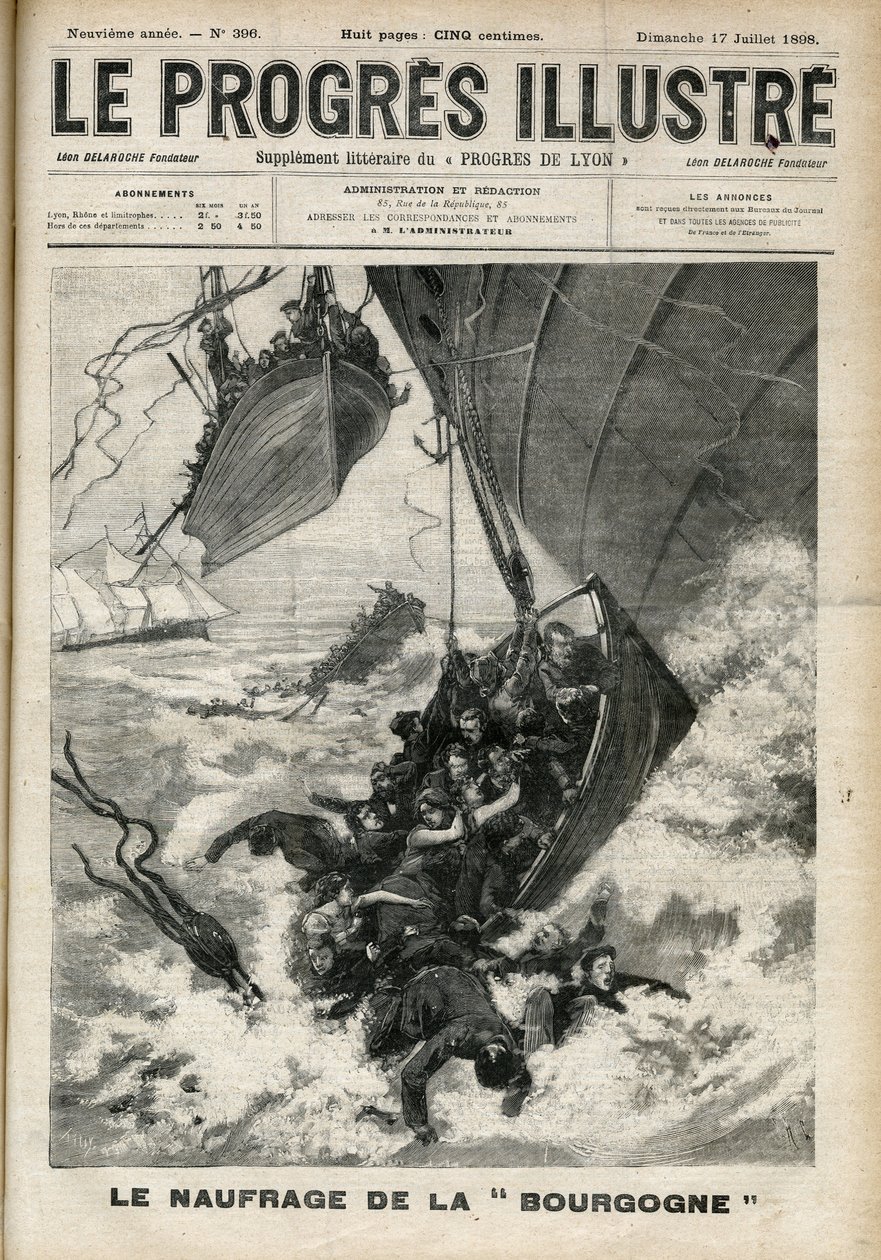 Det transatlantiske skibsvrag "Burgogne"-indgraveringen i "Det berømte fremskridt"" fra juli 1898. af Unknown artist