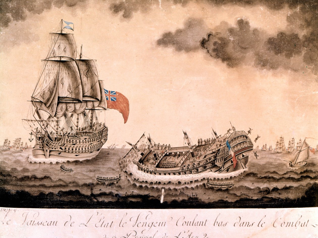 "Hævnerens" skibsvrag sank ud for Brest af den engelske flåde den 1/06/1794. Gravering slutningen af 1700-tallet, begyndelsen af 1800-tallet. af Unknown artist