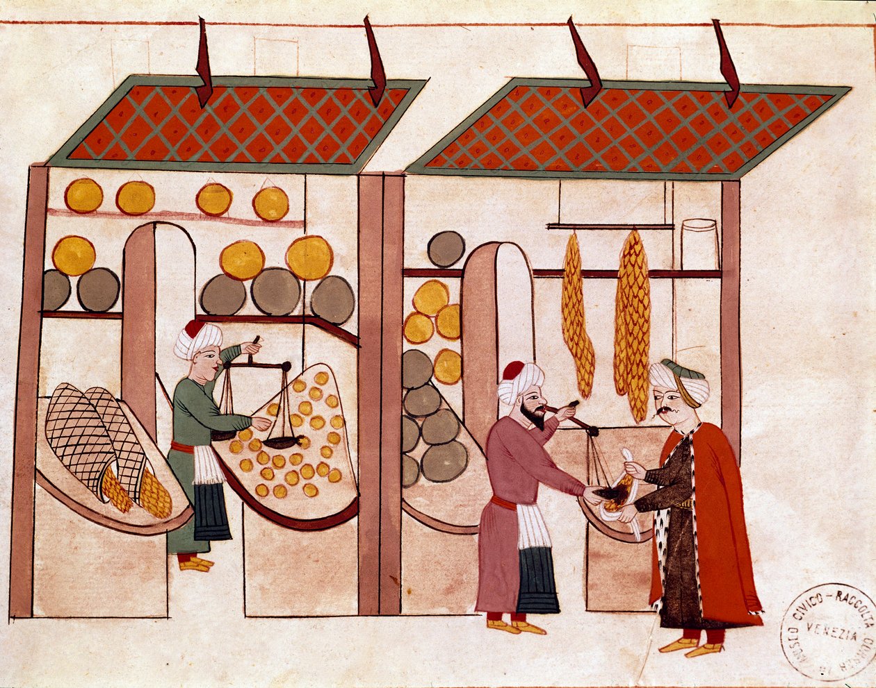 Butikken af købmanden af fire sæsoner, på laster af frugt og grøntsager Miniature fra et manuskript Cicogna af det 19. århundrede (1828) efter en original fra det 17. århundrede (1671). Venedig, Biblioteca Marciana af Unknown artist