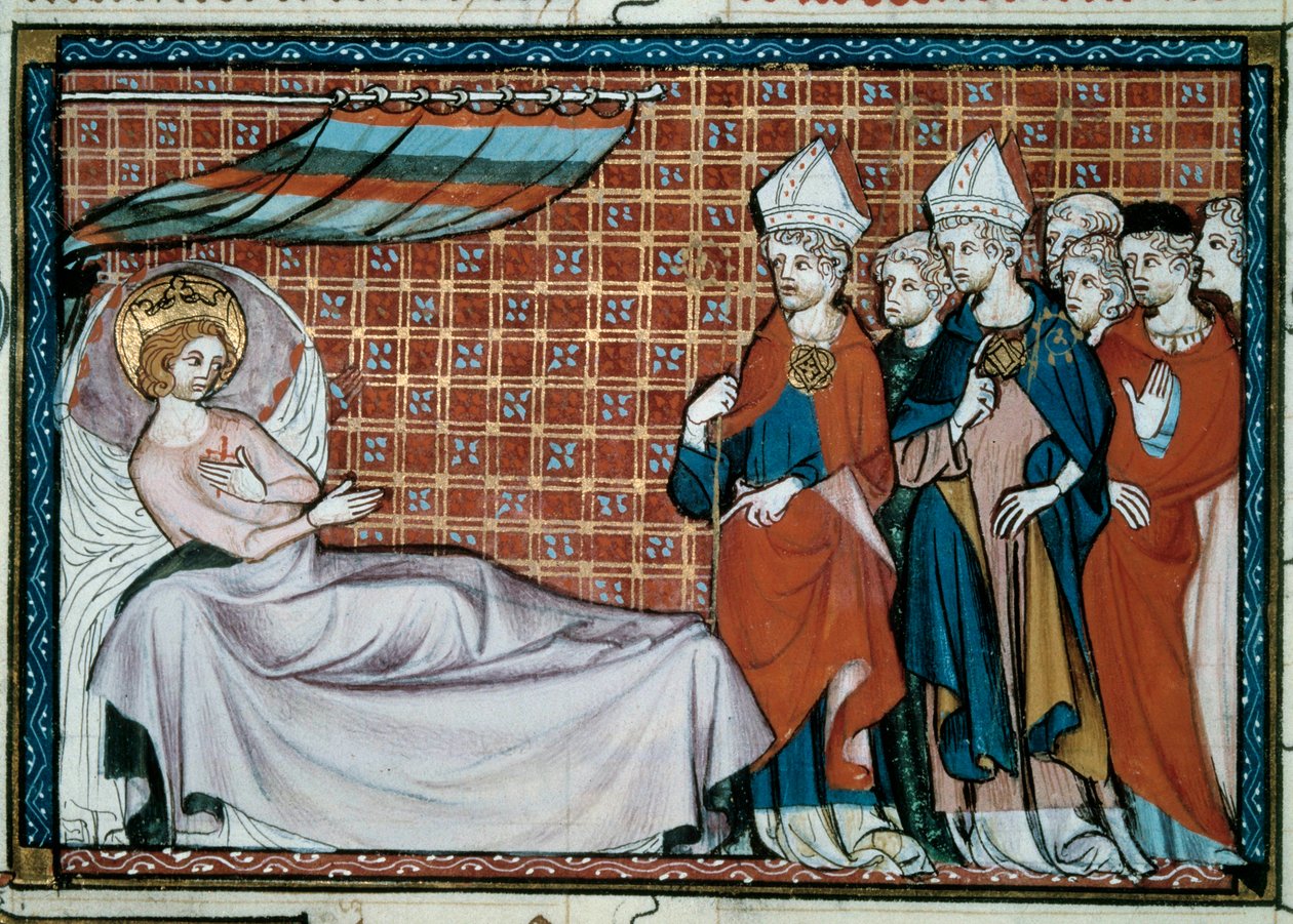 Den syge konge af Frankrig Saint Louis (Louis IX) (1214-1270) henvender sig til sine slægtninge og præsteskabet. Miniature fra et manuskript "Life and Miracles of Saint Louis" af William af Saint Pathus af Unknown artist