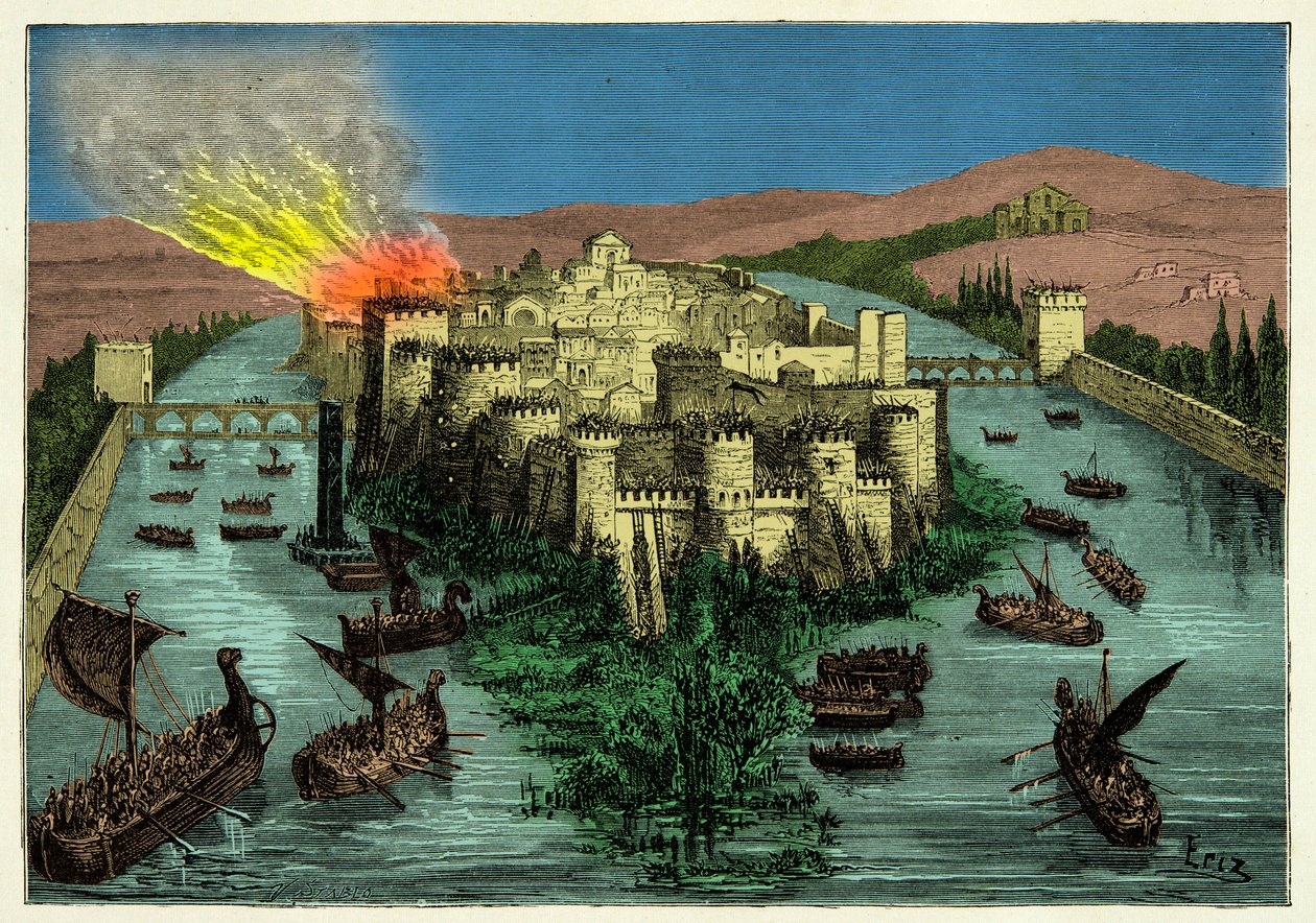 Belejringen af Paris i 845 af vikingerne med Ragnar Lodbrok i spidsen, gravering 1800-tallet af Unknown artist