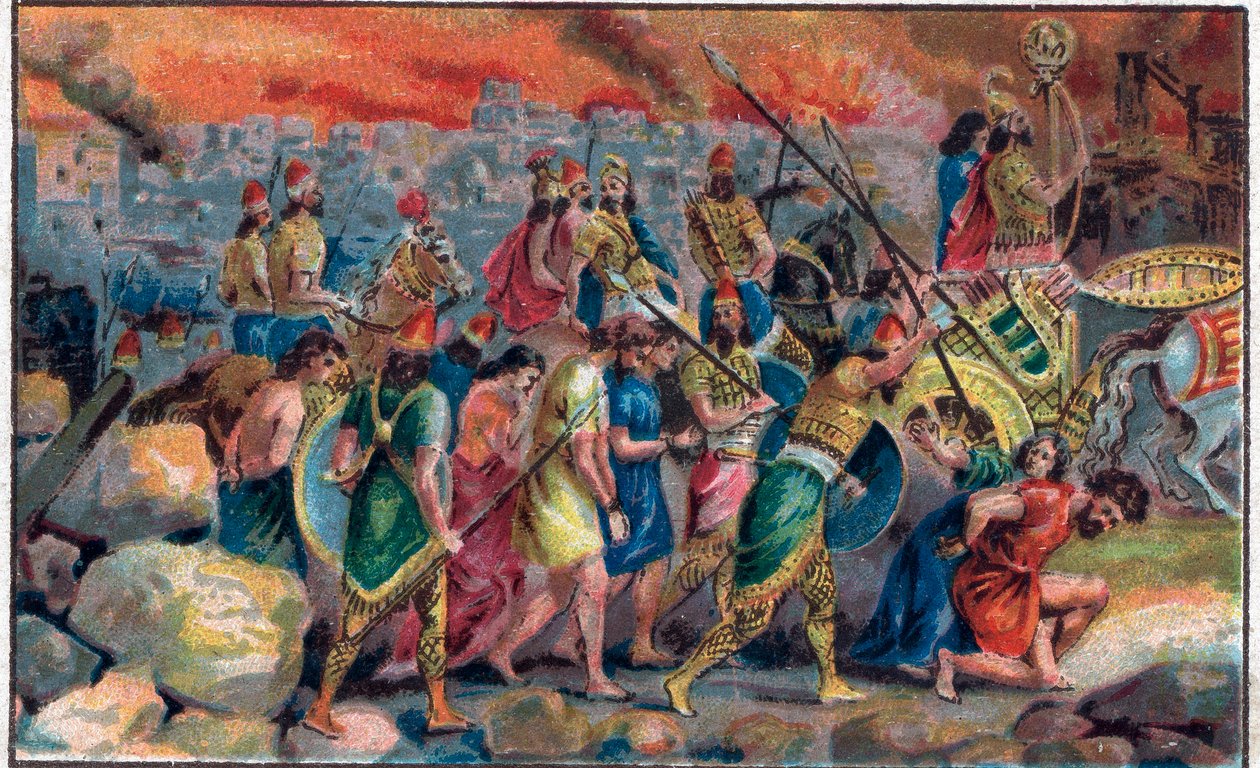 Belejringen af byen Jerusalem af Babylons konge Nebukadnezar II (v. 630 f.Kr.-562 f.Kr.) i 586 f.Kr. og ødelæggelsen af Jerusalems by og tempel. Kromolitografi i slutningen af det 19. århundrede. af Unknown artist
