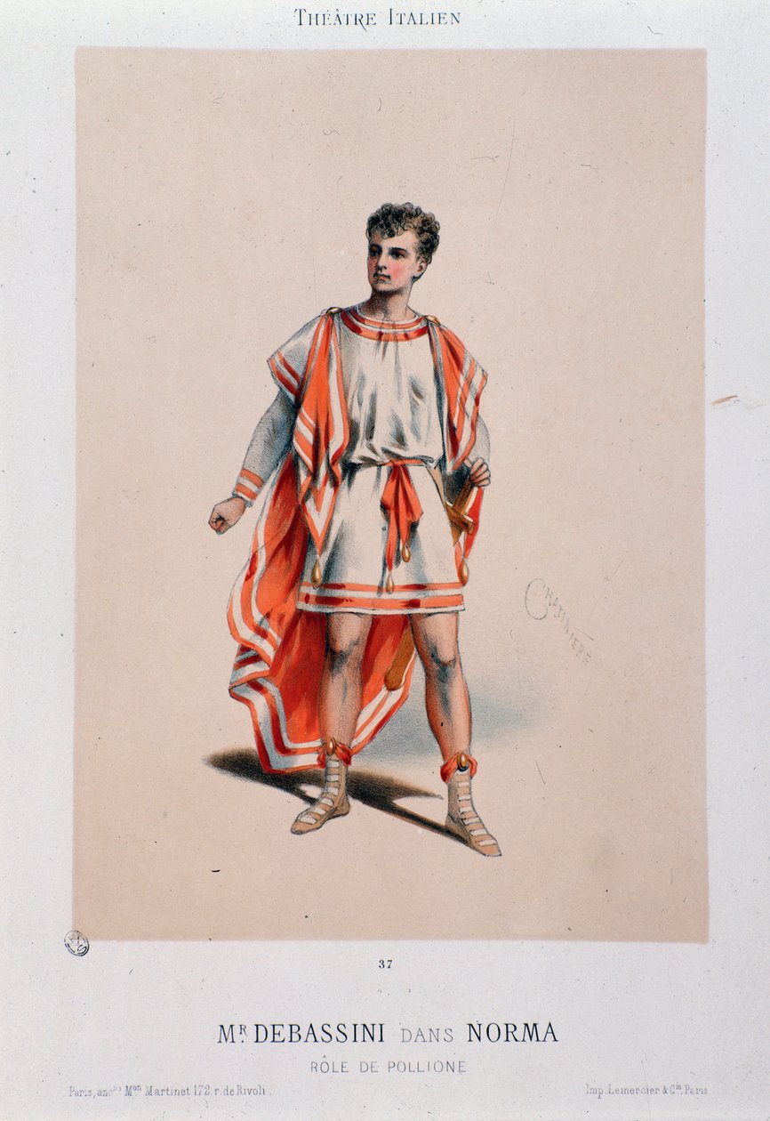 Sangerinden Achille De Bassini opfører Pollione i operaen La Norma af Unknown artist